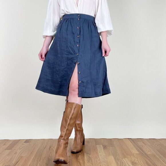 Handmade 100% Linen Midi Skirt Pleated Button Up High Rise Vintage Retro Rustic - Picture 1 of 7